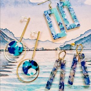 💙 3 Pairs of New Blue Marbled Earrings 💙